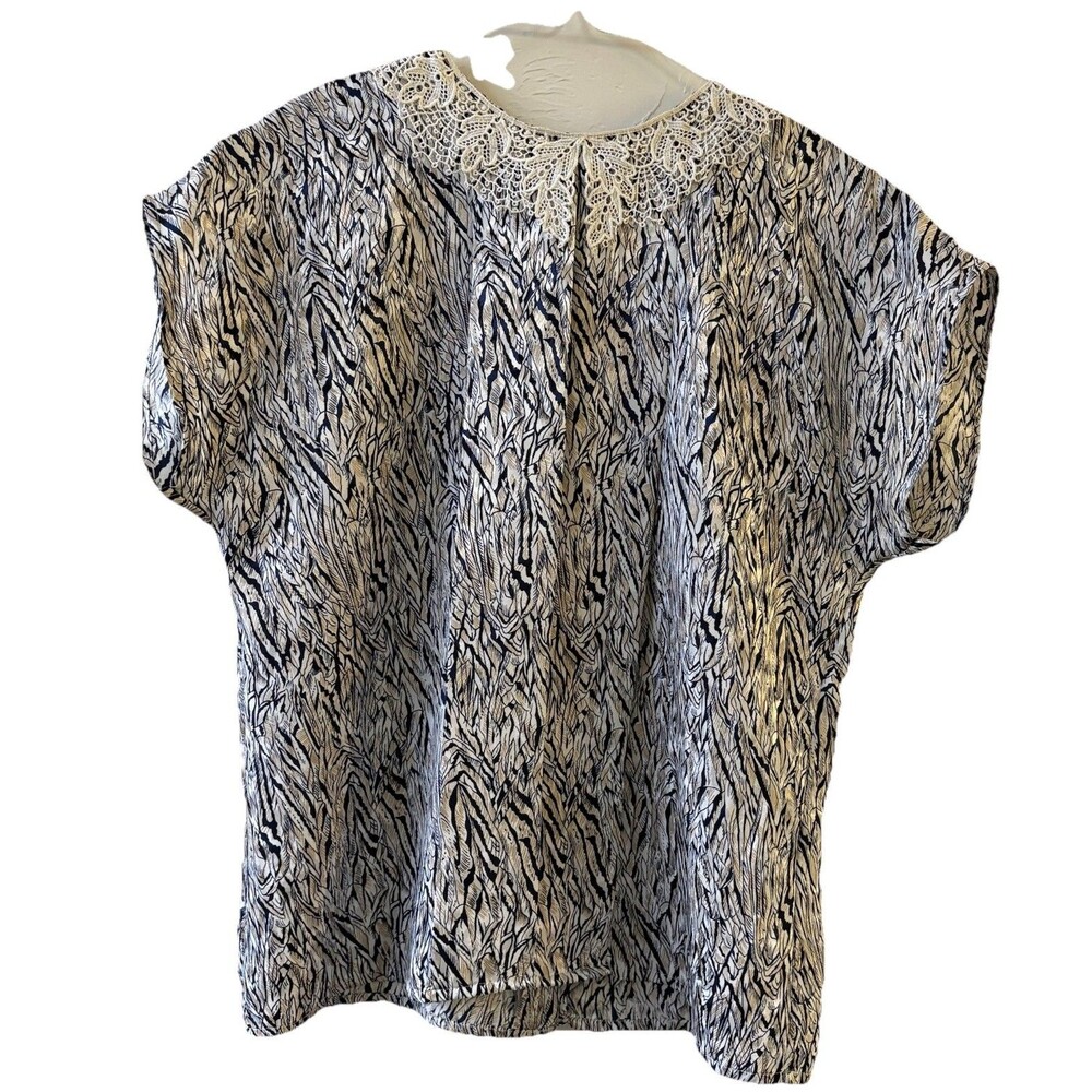Vintage Notches Women’s Chiffon Blouse S Blue/White Abstract Lace Button back